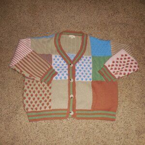 Easel Patchwork Brown Green Blue Cardigan S M